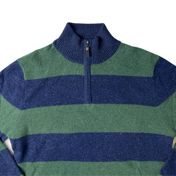 1-39 QI CASHMERE Men's Sweater Zip-Henley Blue/Green Striped Medium - Picture 3 of 16